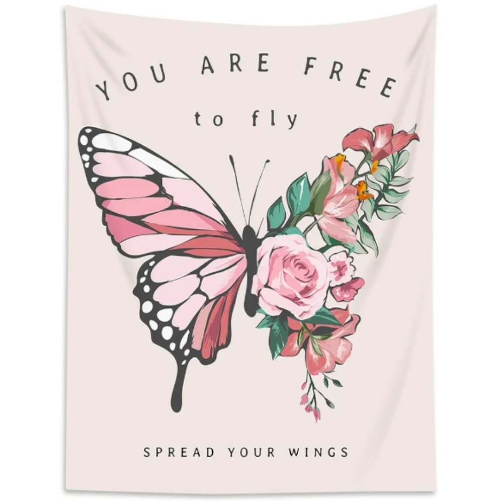 XL Pink Flowers Wall Tapestry Butterfly Floral Art Inspiration Spread Your Wings